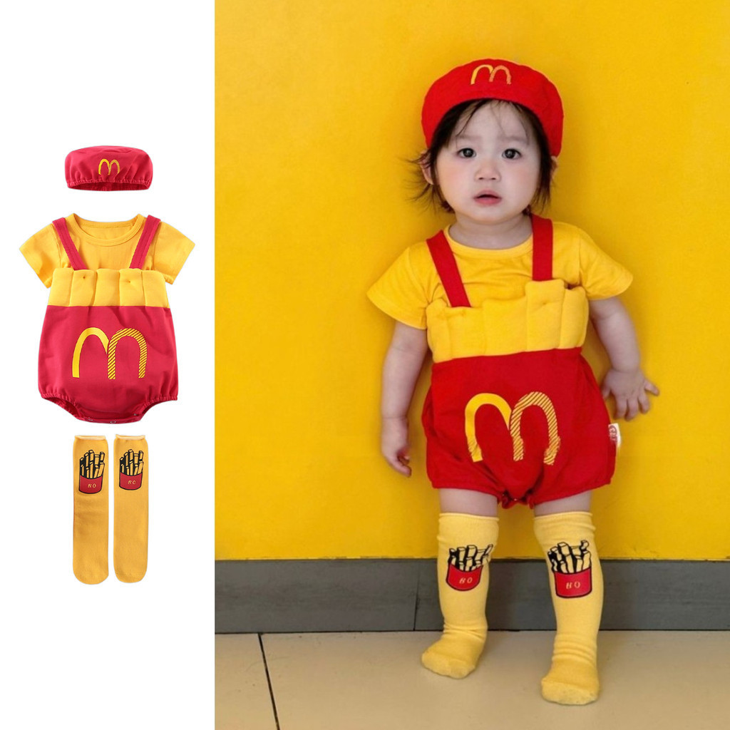 เสื้อผ้าเด็กฤดูร้อนชายหญิงเสื้อยืดแขนสั้น + สายเอี๊ยม ชุดรอมเปอร์ + หมวก + ถุงเท้า 4 ชิ้นเด็กผ้าฝ้ายสไตล์ทอดบอดี้สูทออกไปถ่