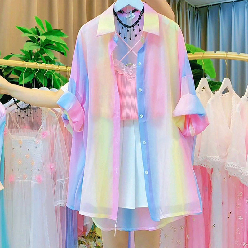 เสื้อชุดเซ็ทขนาดใหญ่พิเศษขนาด 1.0-150 กก. Dopamine สวมเสื้อกันแดดสไตล์ใหม่ผ้าคลุมไหล่ด้านบนสีรุ้งเสื้อผ้ากันแดดสีสันสดใสผู้หญิงเดรส