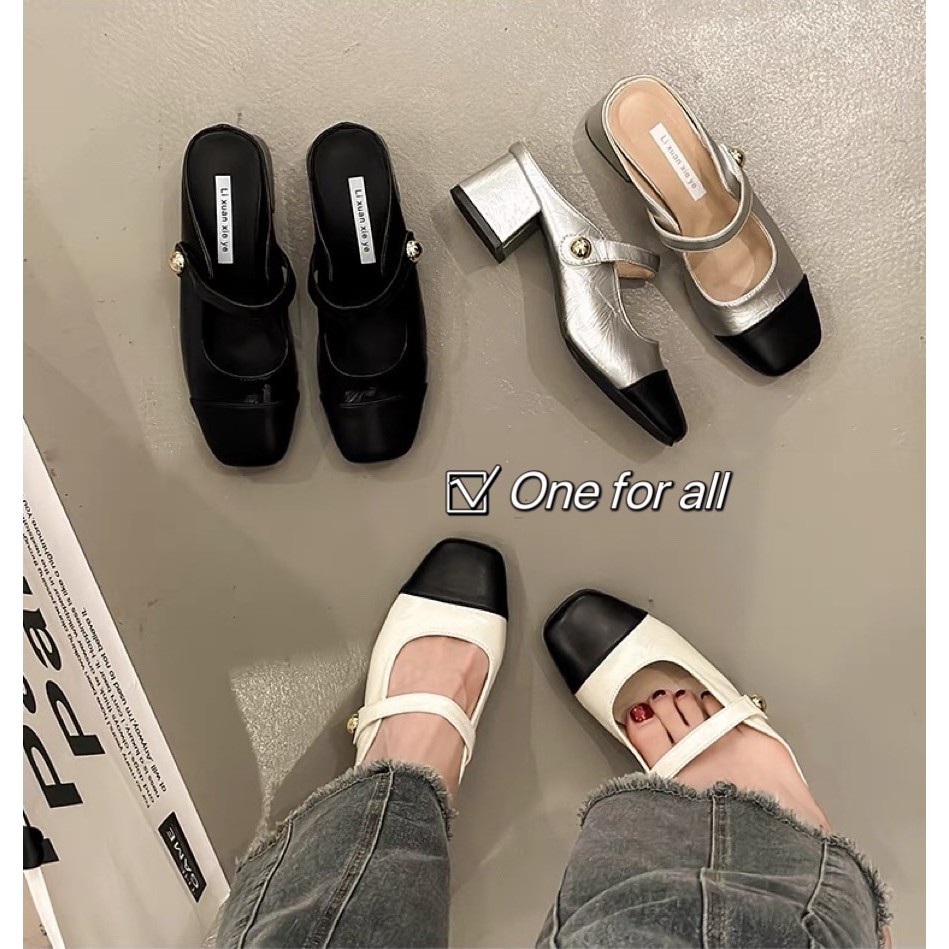 พร้อมส่งจากไทย TX571 รองเท้าแตะ ส้นสูง แมรี่เจน ส้นกลาง สูง2 นิ้ว หนัง PU ยทรงสี่เหลี่ยม รองเท้าส้นสูงสำหรับผู้หญิง