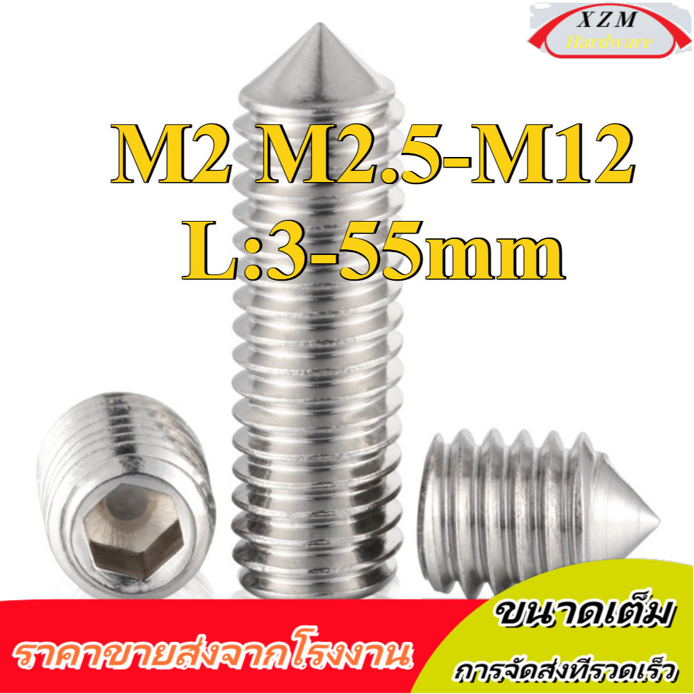 สกรู ตัวหนอน หกเหลี่ยม ปลายแหลม สแตนเลส 304 เกลียวมิล หยาบ  / Hex Socket Set Screw M2/M2.5-M12 (-XZM-DM-w)