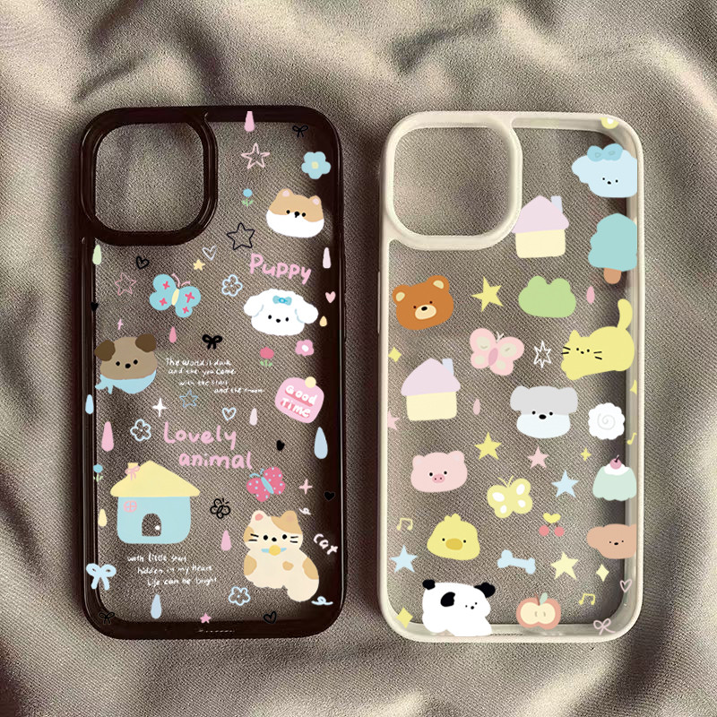 การ์ตูนน่ารักแมวลูกสุนัขคู่สําหรับredmi 13 14C 12 หมายเหตุ 14 13 12 Pro Plus 11 10 Pro POCO X7 X6 X5 F6 Proสัตว์น่ารักผีเสื้อกรอบคริสตัลกันกระแทกฝาครอบใส
