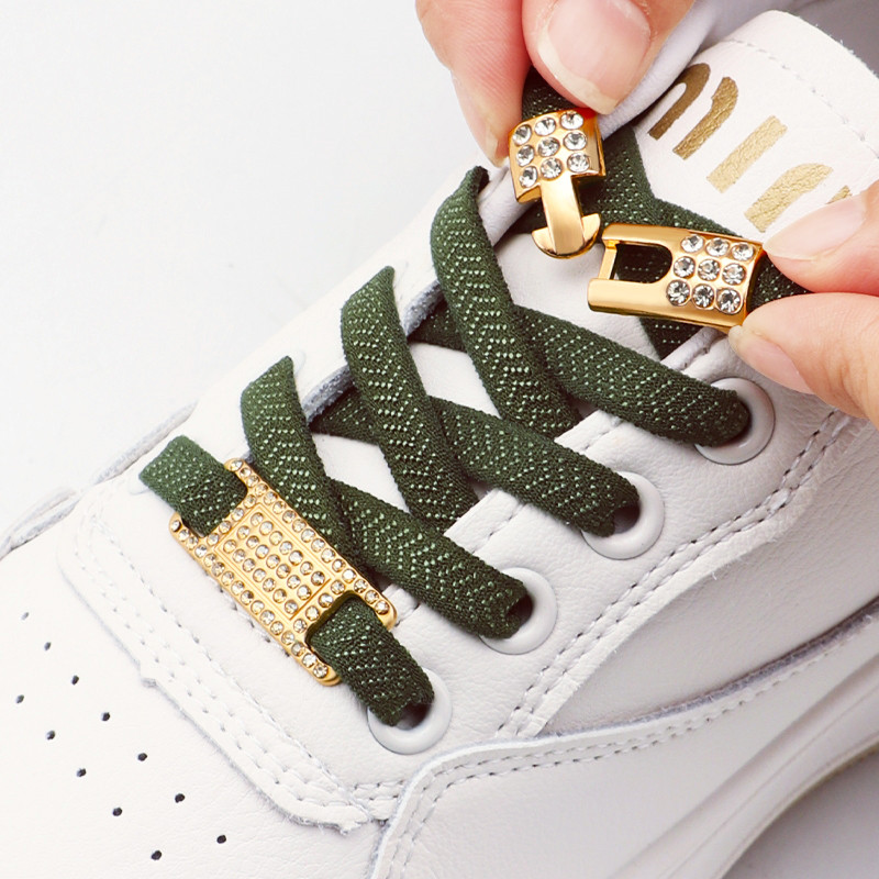 1 คู่ยืดหยุ่นไม่มี Tie รองเท้า Laces Bling เพชร Cross ล็อคเชือกผูกรองเท้า Charms รองเท้าผ้าใบหัวเข็มขัดสําหรับ AF1 โลหะ Shoelaces สําหรับผู้หญิง Man