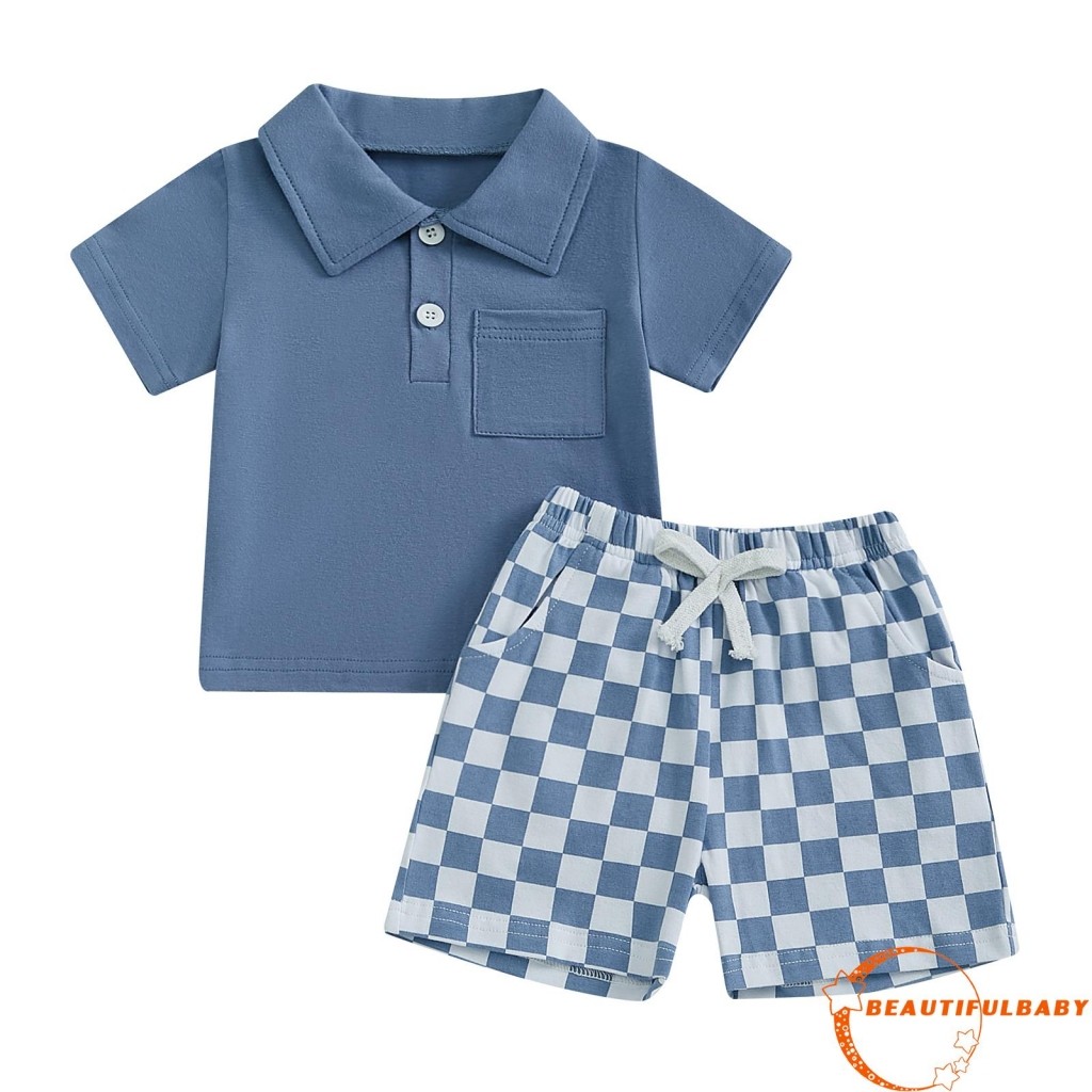 BEAUTYM-Toddler Boys Summer Shorts Set Short Sleeve Lapel Neck Tops Checkered Elastic Waistband Shorts
