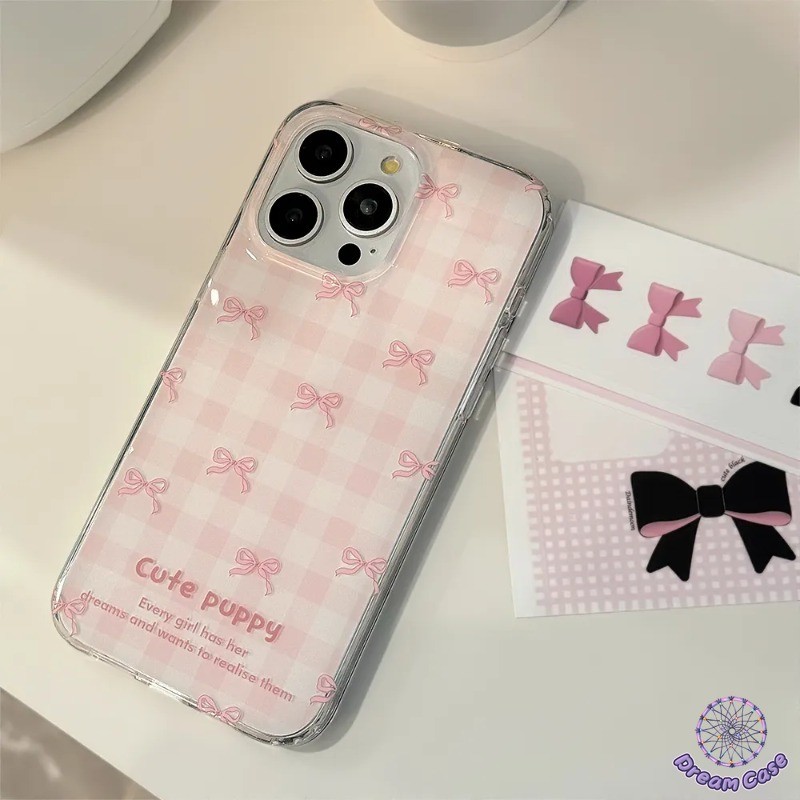 แฟชั่นรูปแบบตารางน่ารักโบว์สีชมพูอ่อนนุ่ม เคส iPhone 7Plus 16 13 11 15 14 12 Pro Max 16 15 7 6 8 14 Plus XR X XS Max SE
