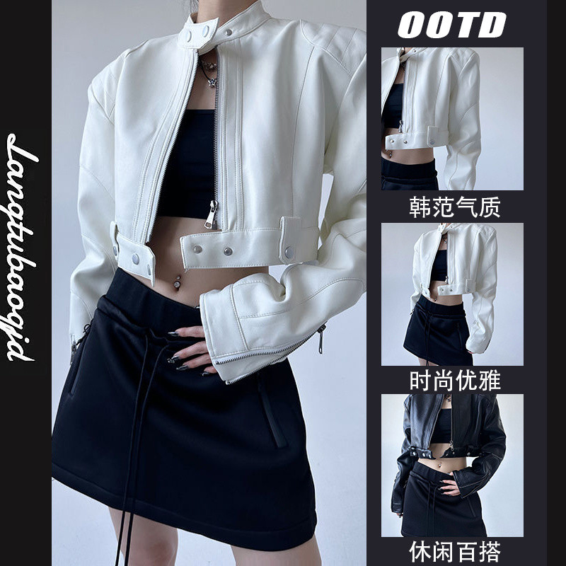2025 ฤดูใบไม้ร่วง แฟชั่นเกาหลีใหม่ สไตล์อเมริกันที่หลากหลาย เสื้อแจ็คเก็ตหนังสั้นสำหรับสาวเผ็ด ซิป ข้อมือ หนัง มอเตอร์ไซค์ เทรนด์