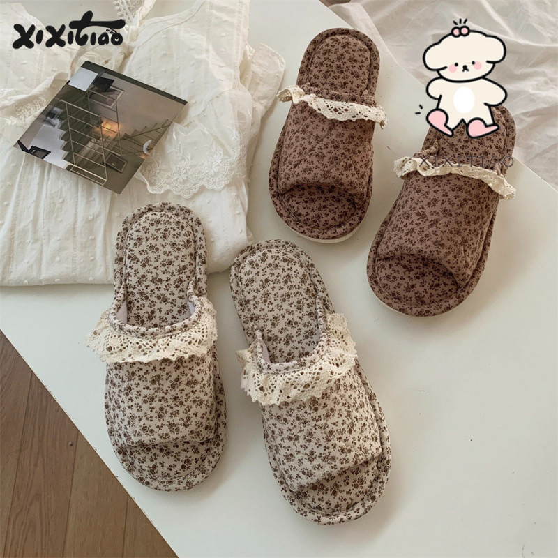 Xitiao Casual ในร่มลูกไม้ Trim สุภาพสตรีผ้าฝ้ายผ้าลินินรองเท้าแตะบ้าน Four Seasons Retro ดอกไม้
