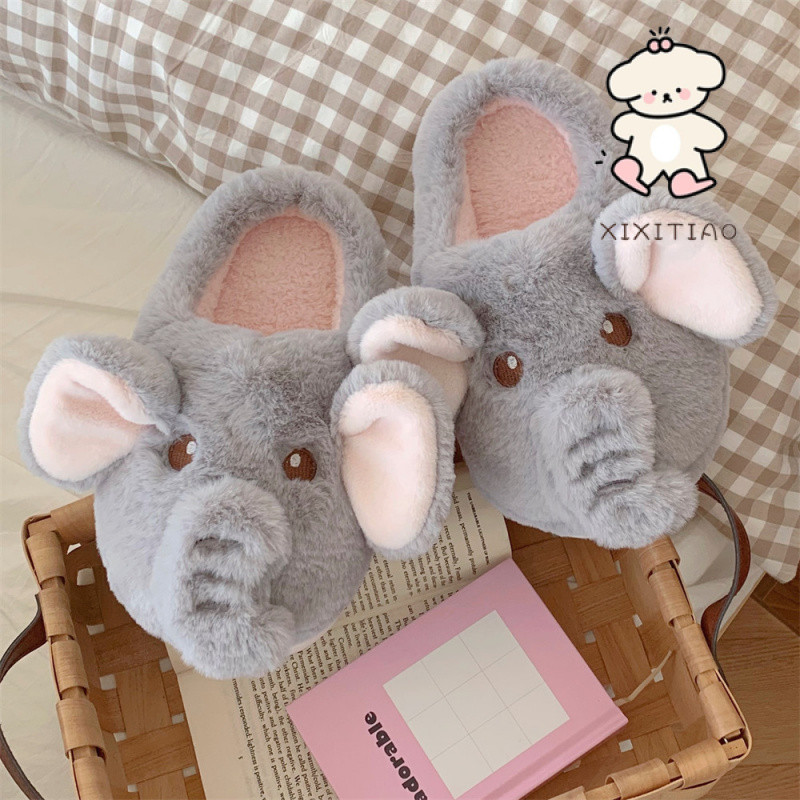 Xixtiao รองเท้าแตะผ้าฝ้าย Plush Warm Indoor Home Soft Sole ใหม่ Creative สามมิติช้างฤดูหนาว Baotou หญิง
