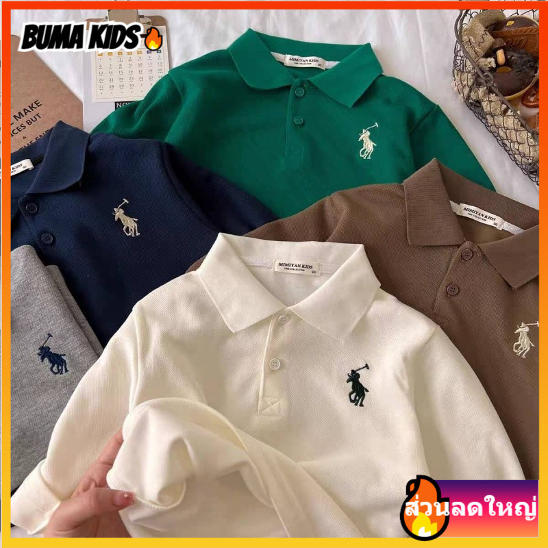 BUMA KIDS เสื้อโปโล เด็ก แขนยาว ระบายอากาศ หลวม เกาหลี ผ้าฝ้าย เด็กชาย เสื้อยืด