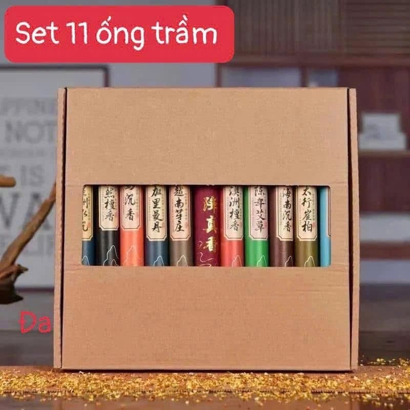 ชุดหลอดธูปไม้กฤษณาเขี้ยวกุด 11 หลอด ธูปหอมธรรมชาติบริสุทธิ์ (ฟรีชามบัว) กลิ่นหลายอ่อน