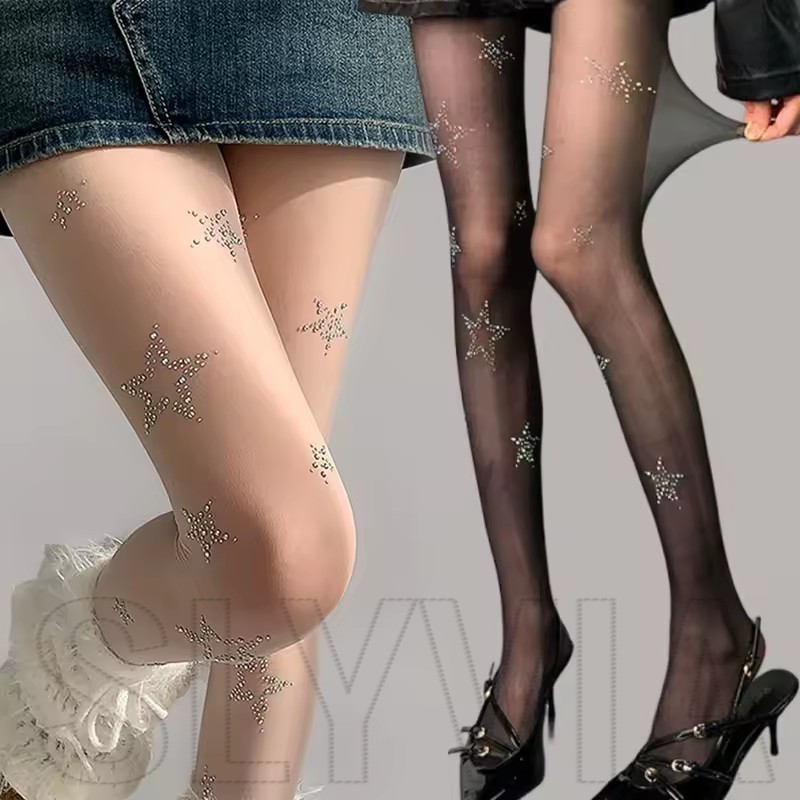 Star Diamond Pantyhose-บาง,Breathable,Anti-hook-สําหรับผู้หญิงหญิงสวมใส่ทุกวัน-Bling Rhinestoneกางเกงขายาว-JK,Lolita,แฟชั่น,Y2K-ต้นขาสูงถุงน่อง