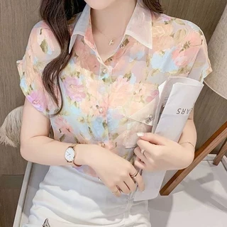 เสื้อเชิ้ตแขนสั้น ผ้าชีฟอง ลายดอกไม้ แนวแฟชั่นใหม่