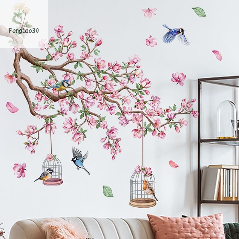 [Eao] สีชมพู Peach Blossom Bird สติ๊กเกอร์ติดผนัง PVC Self-กาวห้องนอนห้องนั่งเล่นArt Deco Decalวอลล์เปเปอร์DIYตกแต่งบ้าน [TH]