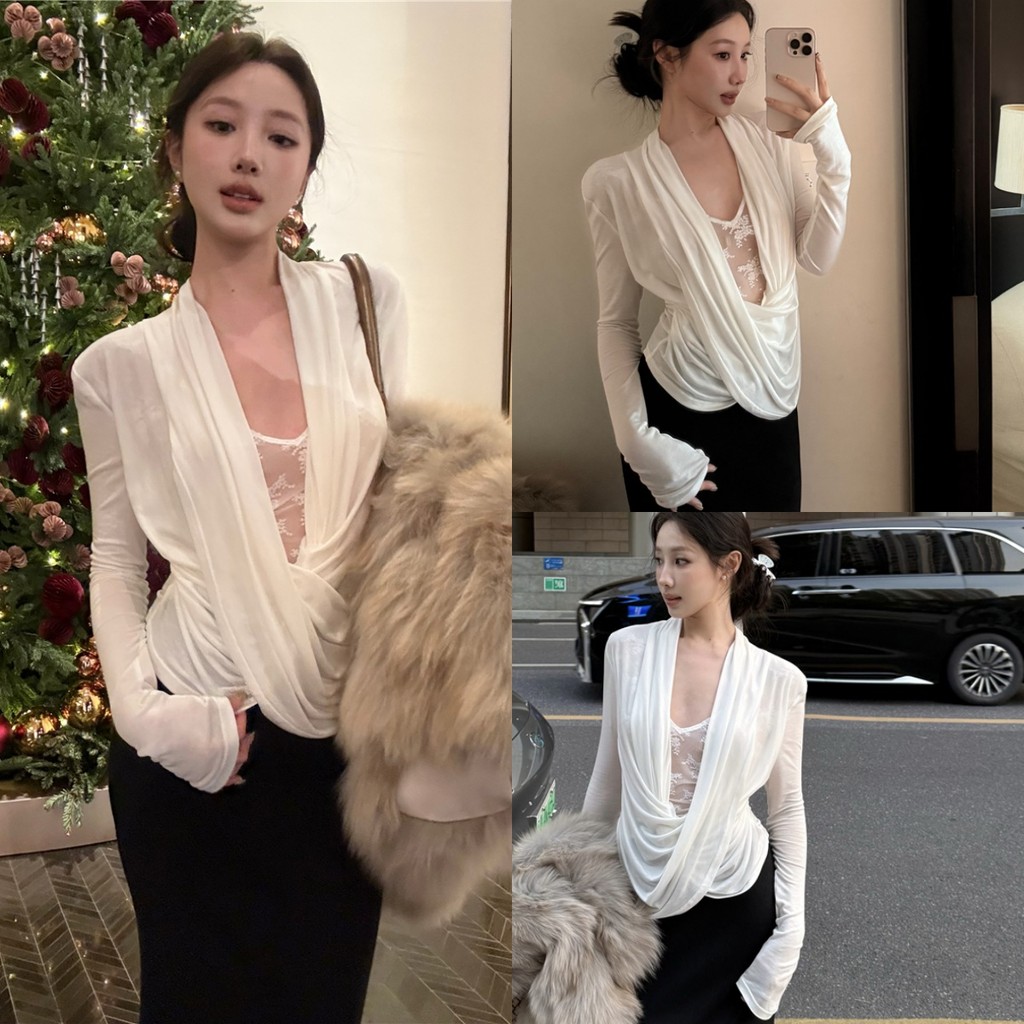 Evelyn เสื้อแขนยาว ใส่ได้2แบบ น่ารักมากๆ สีพื้น หน้าหลัง แต่งลูกไม้เซ็กซี่ แฟชั้น เท่ๆ เสื้อผ้าแฟชั่นผู้หญิง