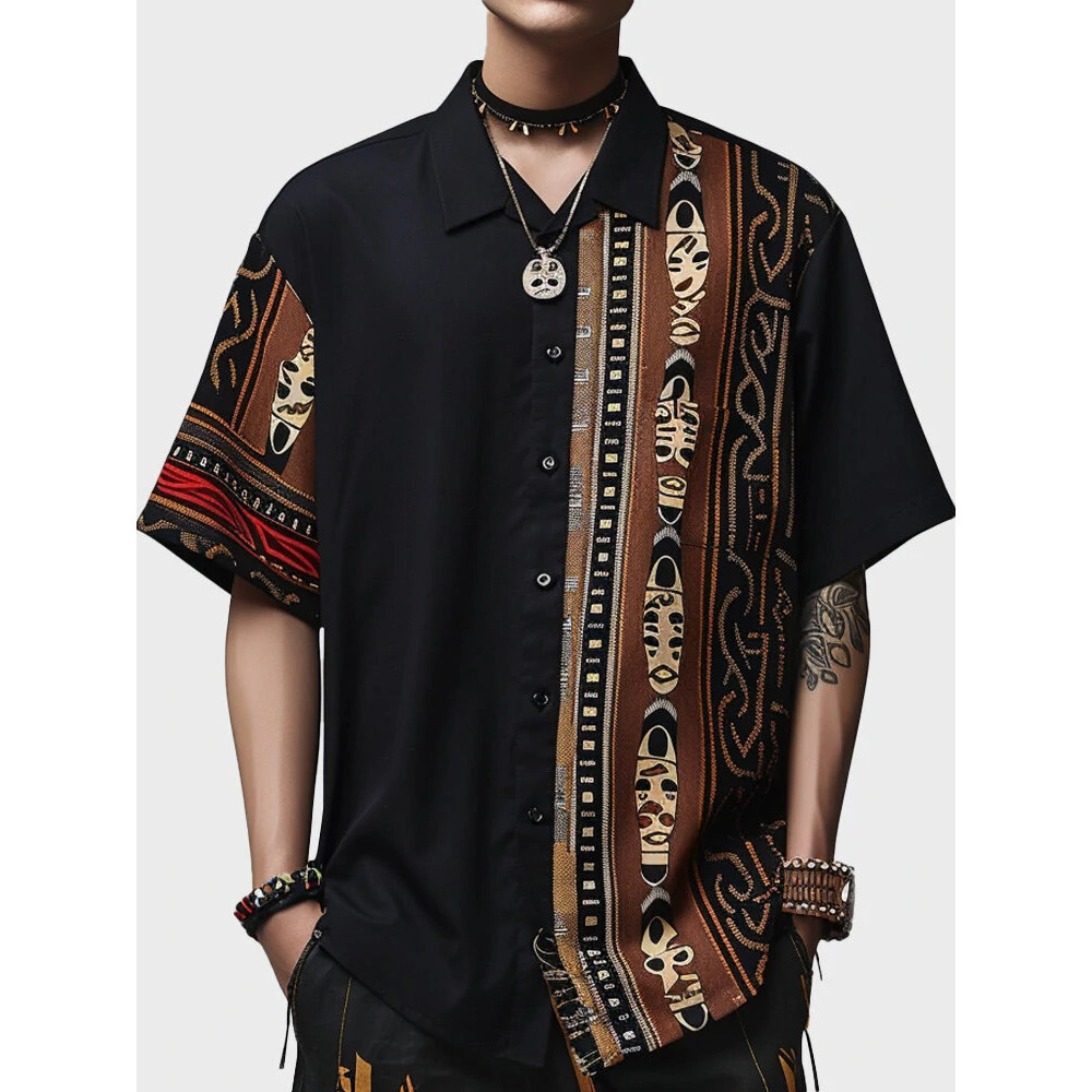 2025 เสื้อย้อนยุคผู้ชายกับโบฮีเมียนพิมพ์ 3ง,ชายหาดขนาดบวกปุ่มและปก,แฟชั่นหลวม,เสื้อลําลองแขนสั้น