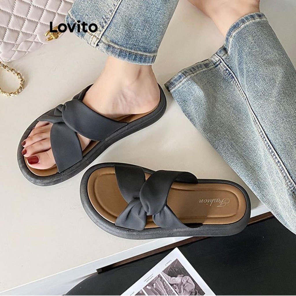 Lovito ลําลองธรรมดาเพิ่มหนาแต่เพียงผู้เดียวแฟชั่นนางฟ้าเทปกันลื่นห่อรองเท้าแตะส้นแบนสําหรับผู้หญิง LFA62172