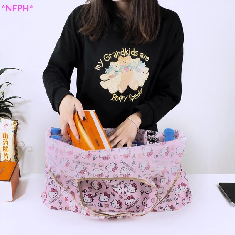 Nfph> สวัสดี คิตตี้ พับกระเป๋าช้อปปิ้งความจุขนาดใหญ่ผู้หญิงกระเป๋าถือเป็นมิตรกับสิ่งแวดล้อมการจัดเก็บห่อสาวเด็กออแกไนเซอร์กระเป๋าพรรคของขวัญใ