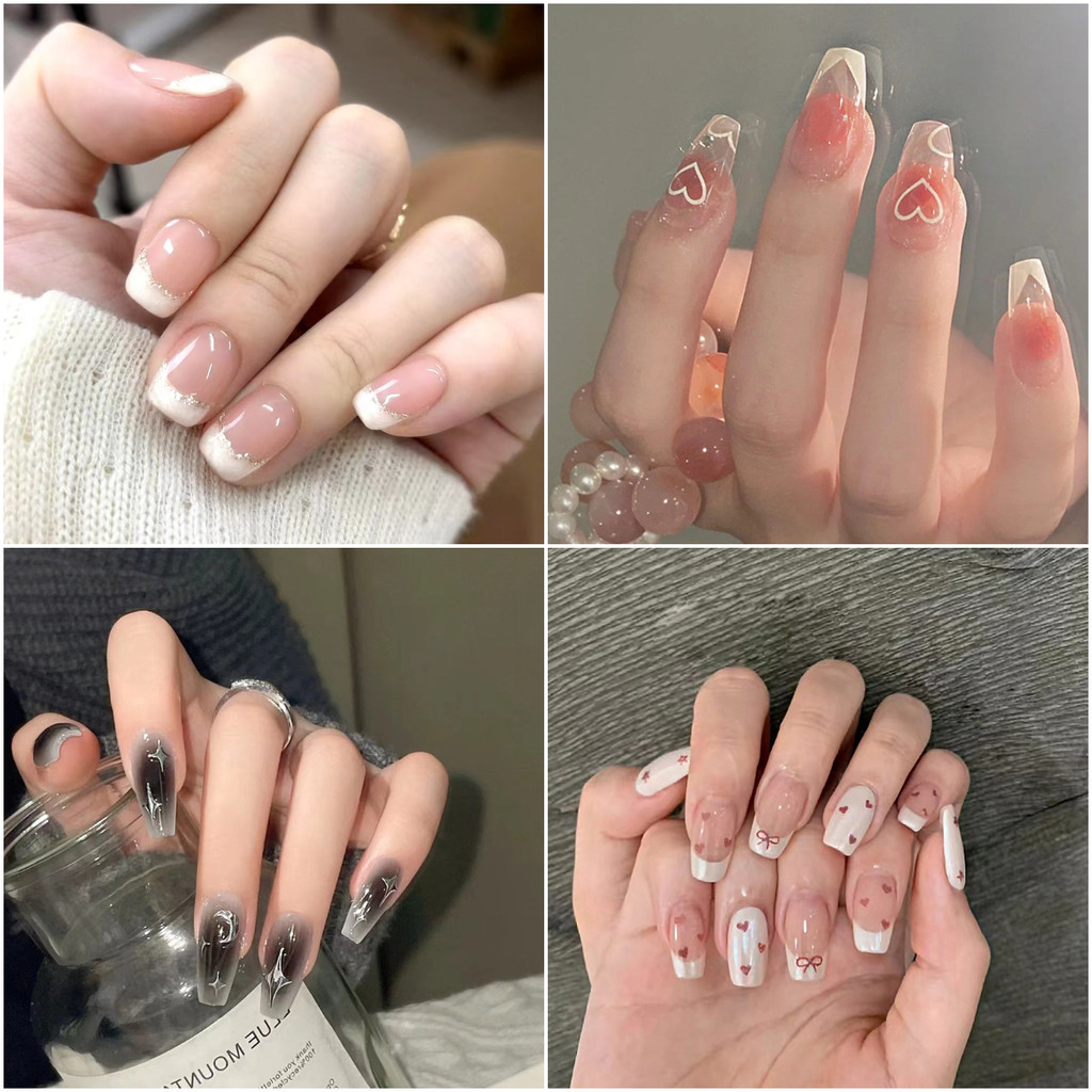 พร้อมกาวเยลลี่ 24 ชิ้น 24 ชิ้นเล็บปลอมเล็บปลอมฝรั่งเศสยาวเล็บปลอม