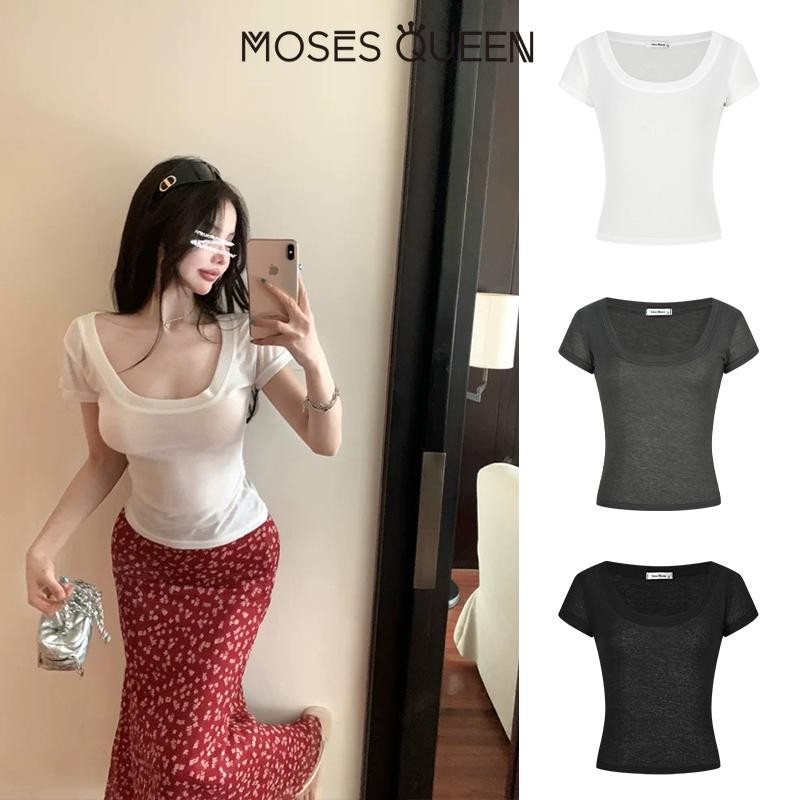MOSESQUEEN  เสื้อยืดแขนสั้นเปิดไหล่ด้านหน้าคอยูใหญ่ 2025 ฤดูร้อนอเนกประสงค์สลิมฟิตบางด้านบน #62941