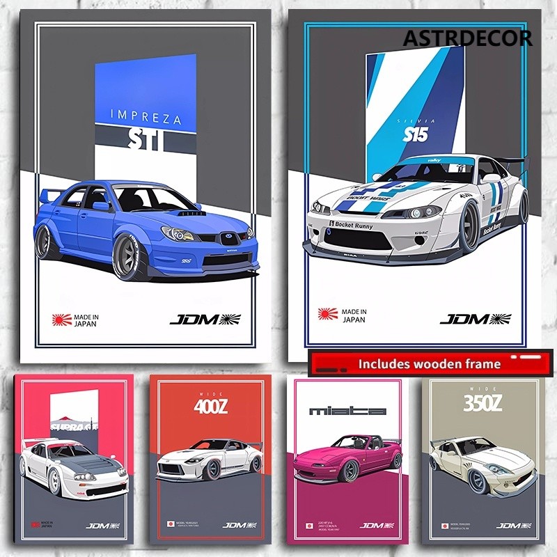 (พร้อมกรอบ) โปสเตอร์ไม้ ผ้าใบ JDM สําหรับตกแต่งผนังห้องเด็กผู้ชาย รถยนต์