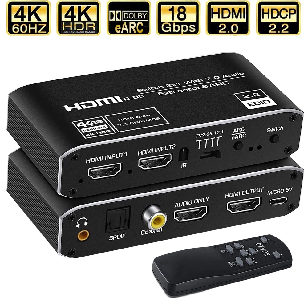 2x1 4K HDMI EARC Audio Extractor Switch พร้อม ARC & Optical Toslink HDMI 2.0 Switch 4K 60Hz HDMI to Toslink/Coaxial