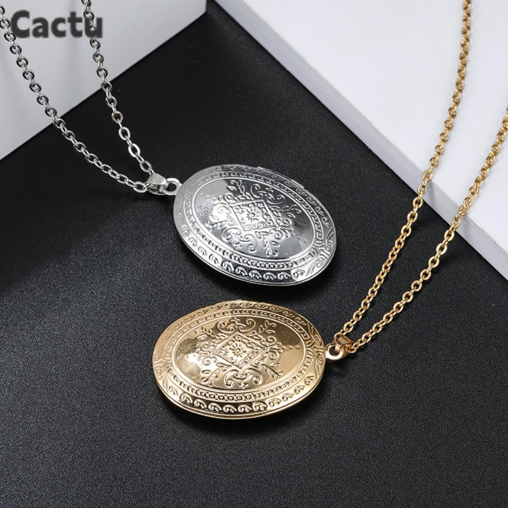 จี้ CACTU สร้อยคอเครื่องประดับวินเทจโรแมนติกคุณภาพสูงรูปไข่แกะสลัก Photo Locket สําหรับผู้หญิงผู้ชาย