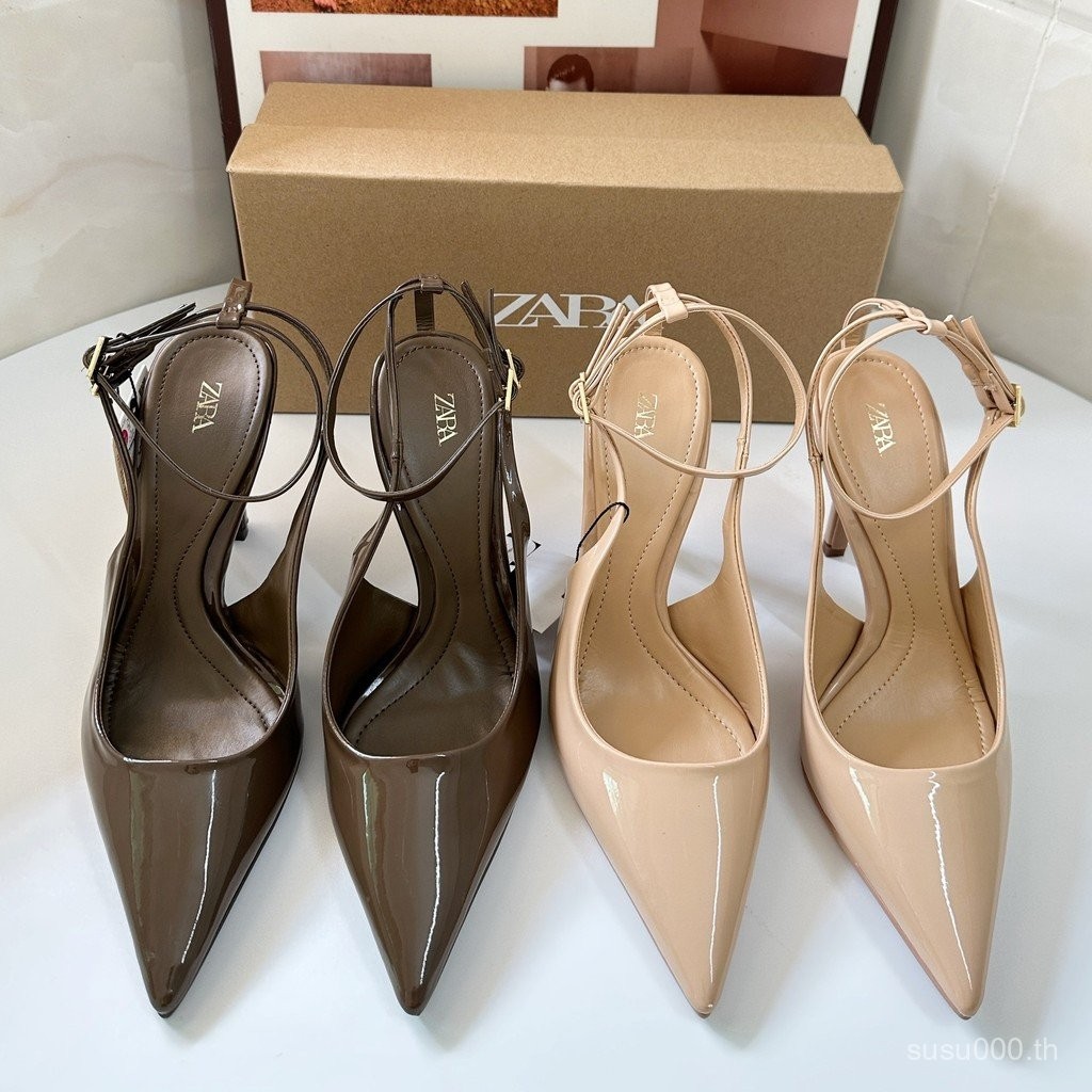 zara รองเท้าแตะส้นสูงแบบปิดหน้าเท้า 2025 ฤดูใบไม้ผลิฤดูใบไม้ร่วง แบบไม่มีส้น ปลายแหลม ปากตื้น แบบมีสายเดียว ส้นบาง