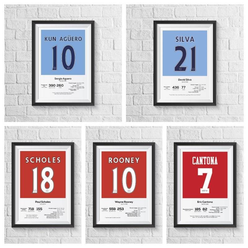 โปสเตอร์แมนเชสเตอร์ซิตี้ Sergio Aguero David Silva Ryan Giggs Vincent Kompany Legend Stats Football 