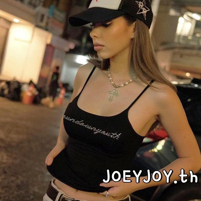 Joeyjoy-เสื้อกล้ามผู้หญิงสปาเก็ตตี้แขนกุด Rhinestone Letter Slim Fit Camisoles Streetwear