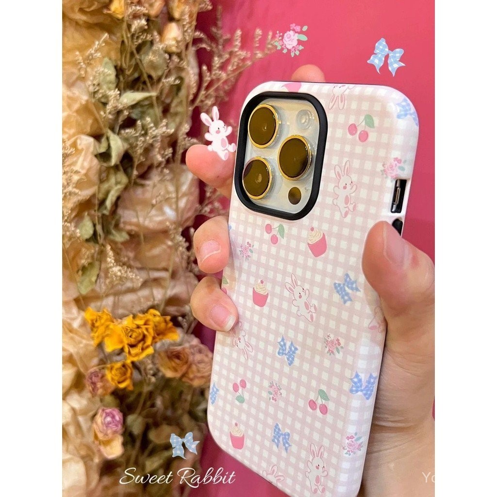 เคสโทรศัพท์มือถือ ลายกระต่าย สีชมพู กันกระแทก สไตล์เกาหลี สองชั้น สําหรับ iPhone15promax 12pro 15 14