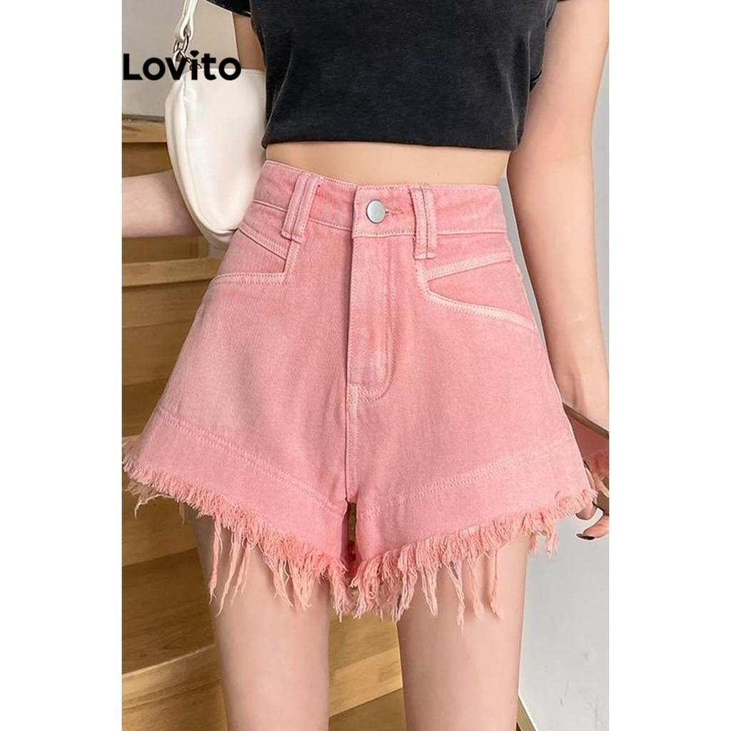 Lovito กางเกงยีนส์ขาสั้นผู้หญิง ชายรุ่ย สีพื้น สไตล์ลำลอง LNE57231