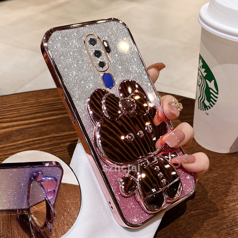 เคส oppo a5 2020 a9 2020 กลิตเตอร์ ขอบตรง ชุบไฟฟ้า พร้อมขาตั้งกระจก รูปกระต่ายน่ารัก เคสโทรศัพท์ oppo a5 2020 a9 2020