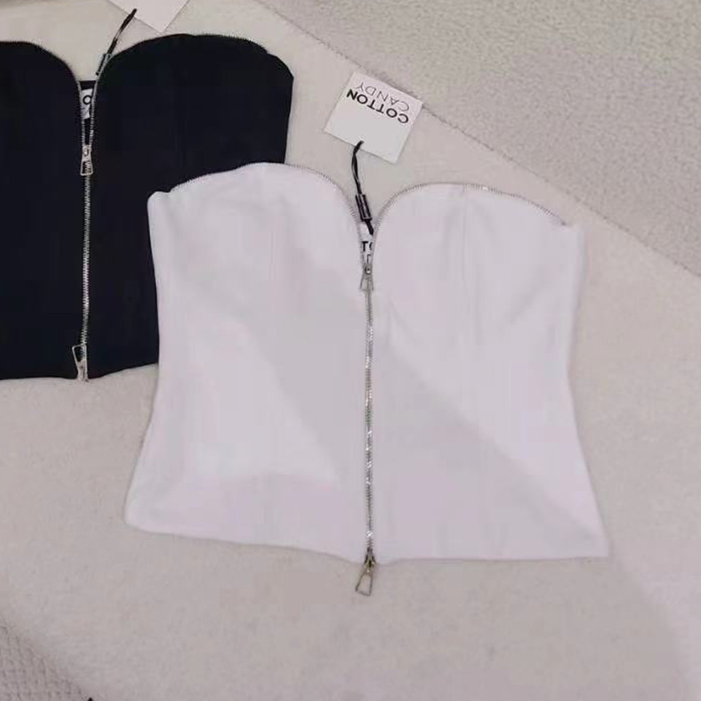 เสื้อแฟชั่นสไตล์ยุโรป สีดำ สีขาว พร้อมซิปหน้า - รูปที่ 2