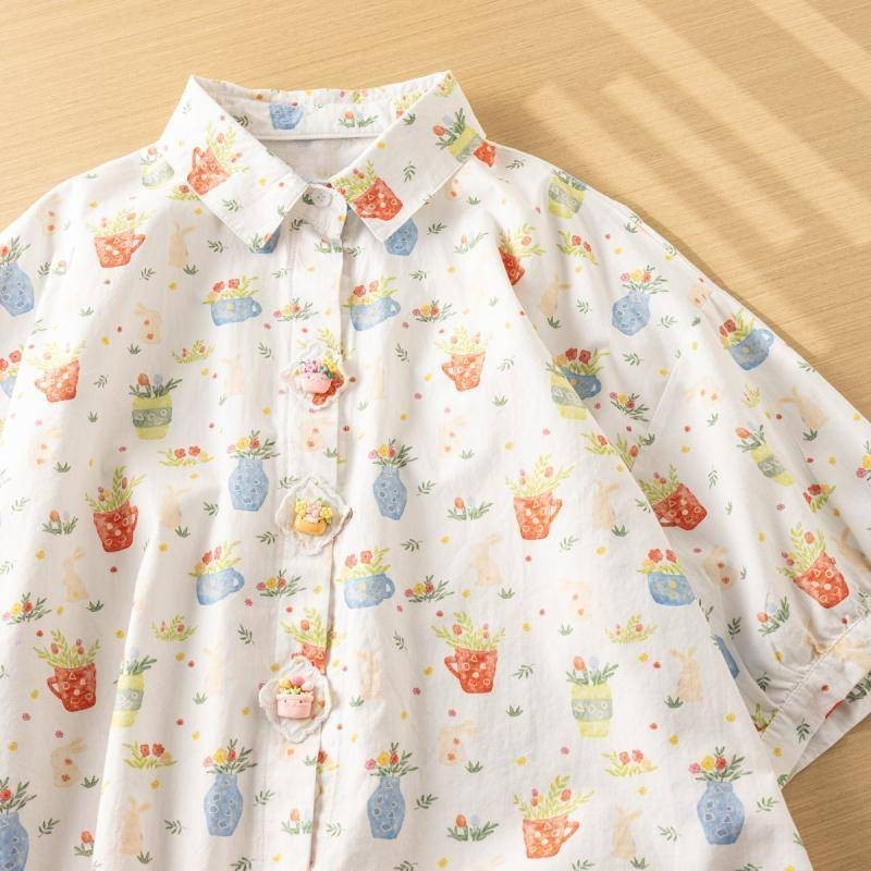 แบรนด์ผู้หญิงสั่งซื้อเดิม//เป็นมิตรกับผิวระบายอากาศผ้าฝ้ายธรรมชาติครึ่งแขนเสื้อผู้หญิงฤดูร้อนเกาหลีรุ่นวรรณกรรมเยาวชนหวานด้านบ