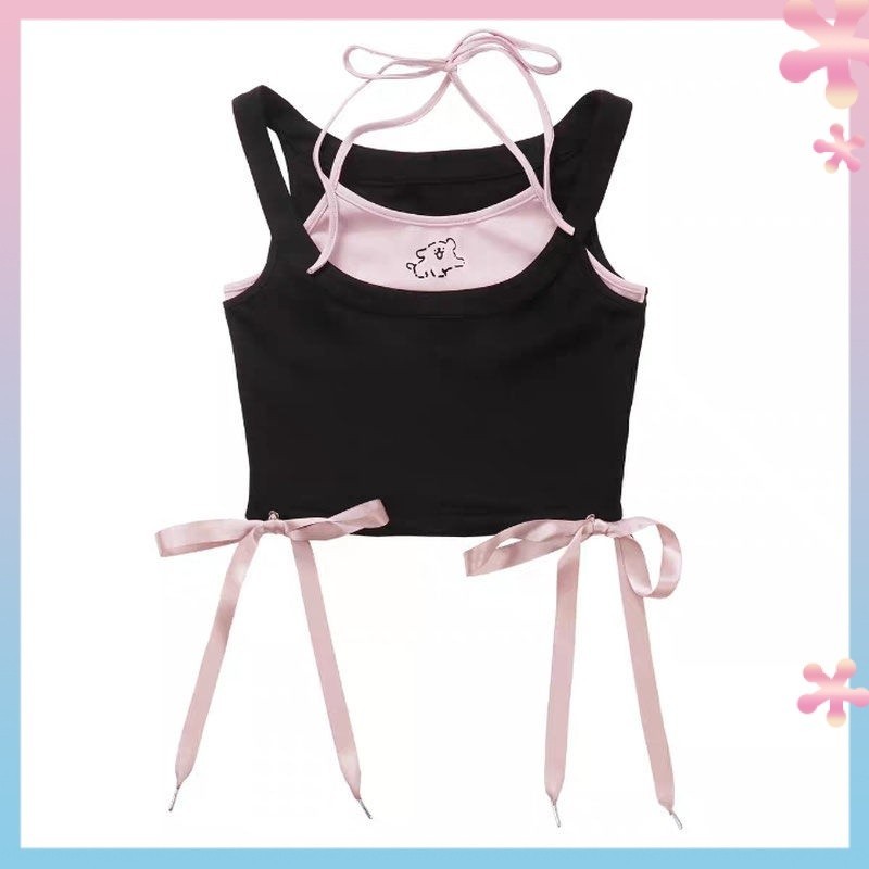 Girls Japanese Cute Sweet Summer Dopamine Fake Two-Piece Slim Short Spaghetti Straps Midriff-Baring New Print Vest