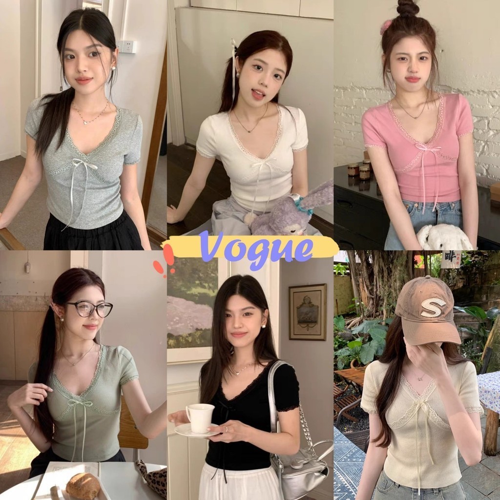 Vogue พร้อมส่ง เสื้อไหมพรมแขนสั้น คอวี ผ้านิ่มสีพาสเทล น่ารัก (58116/ZL03)