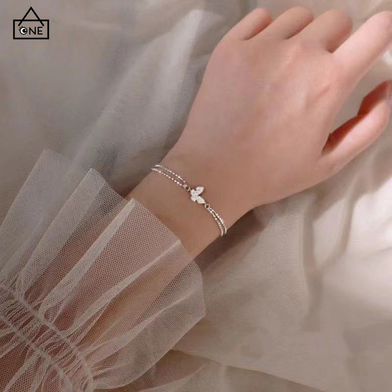 COD สร้อยข้อมือเงินS925ลูกปัดสองชั้นจี้ผีเสื้อประดับเพชรสไตล์เกาหลีแฟชั่นหรูหราเครื่องประดับสำหรับผู้หญิง-a.one