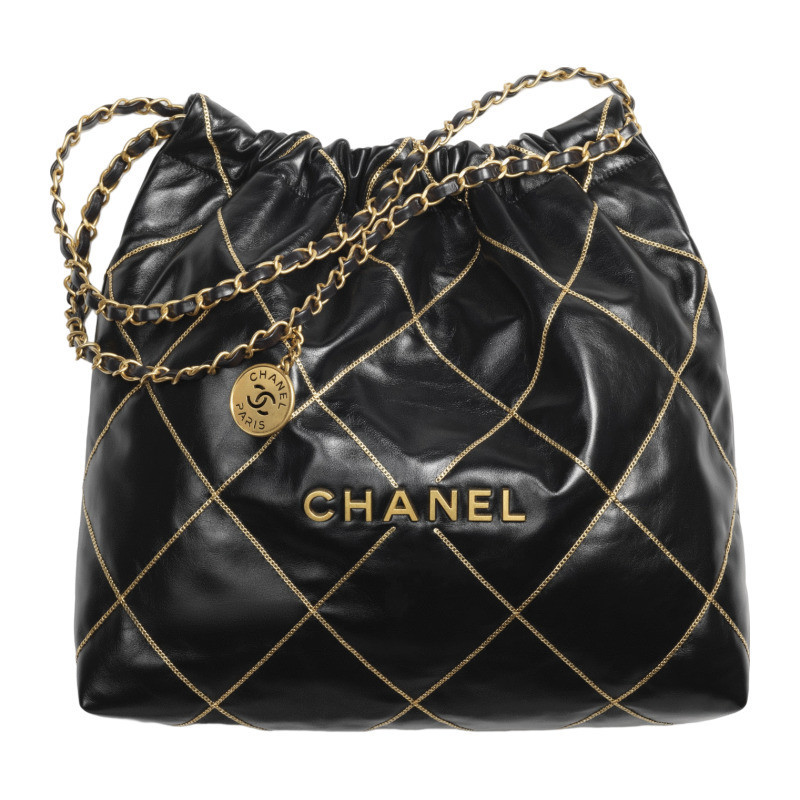Chanel/Chanel women's bag black glossy calf leather metal chain mini 22 handbag