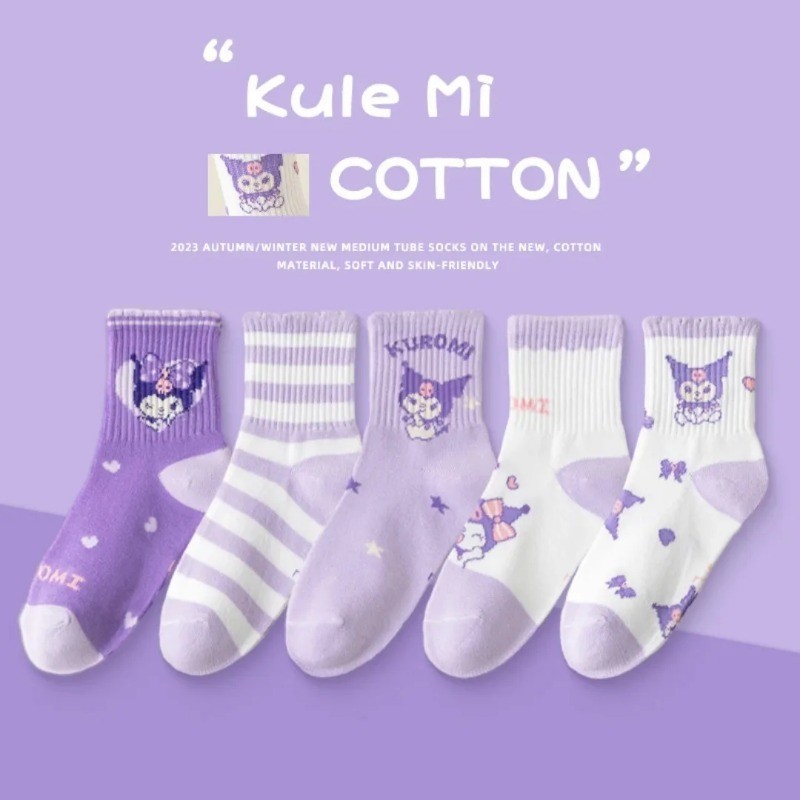 5 ชิ้นถุงเท้าเด็ก Sanrio ถุงเท้าเด็ก Hellokitty Cinnamoroll Melody Kuromi อะนิเมะถุงเท้าฤดูใบไม้ผลิฤดูใบไม้ร่วงฤดูหนาวนุ่ม Breathable สาวของขวัญ