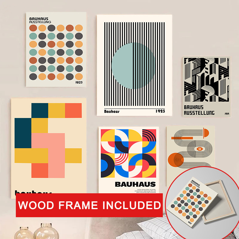 (พร้อมกรอบ) Abstract Bauhaus ภาพวาดผ้าใบพร้อมกรอบรูปเรขาคณิตสีสันสดใสบล็อกสีโปสเตอร์NordicภายในWall Artตกแต่งบ้าน