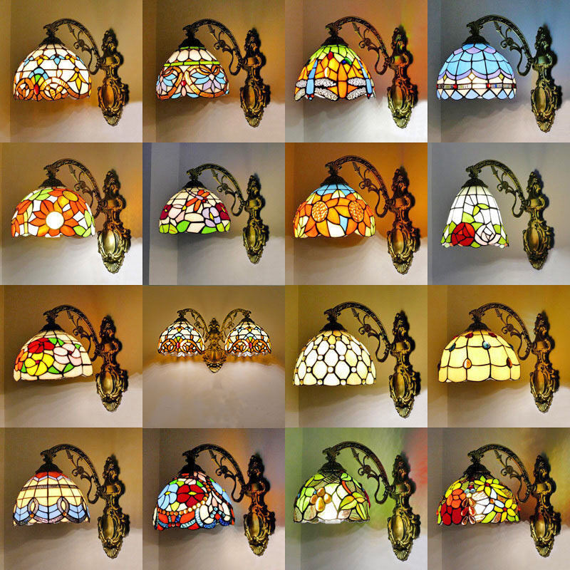 20 ซม.Tiffany Creative โคมไฟติดผนังเมดิเตอร ์ เรเนียนกระจกสีผนังฐานเหล ็ กRomatic Wall Lightสําหรับห ้ องนอนกระจกห ้ องน ้ ําด ้ านหน ้ า