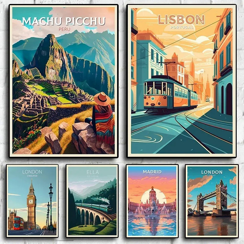 Machu Picchu Lisbon Retro Holiday Travel City โปสเตอร์การท่องเที่ยวสําหรับห้องนั่งเล่นผ้าใบจิตรกรรมพ