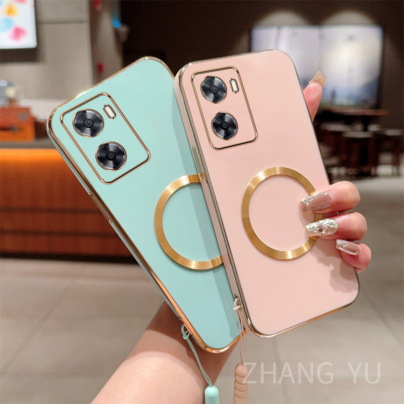 ปลอกoppo A57 4G 2022 A77 4G 2022 A77S A57S A57 5G 2022 เคสโทรศัพท์TPUซิลิโคนตรงขอบElectroplatedแม่เหล็กการดูดซึมวงกลมดูดซับแรงกระแทกสายคล้องมือนุ่มกรณี