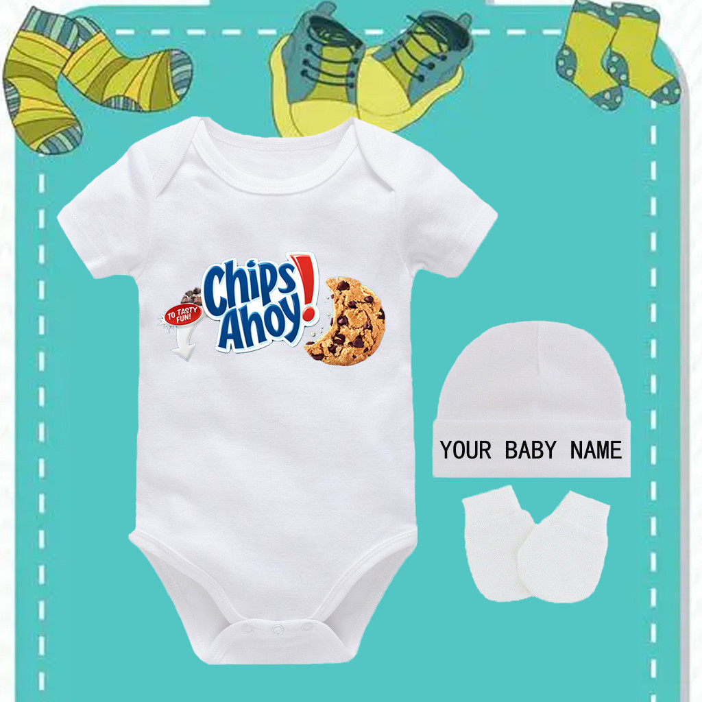 Chips Ahoy ชุดเด็กทารกสไตล์สําหรับ 0 3 เดือนแขนกุด Romper และหมวกจับคู่ชื่อปรับแต่งได้ J41F