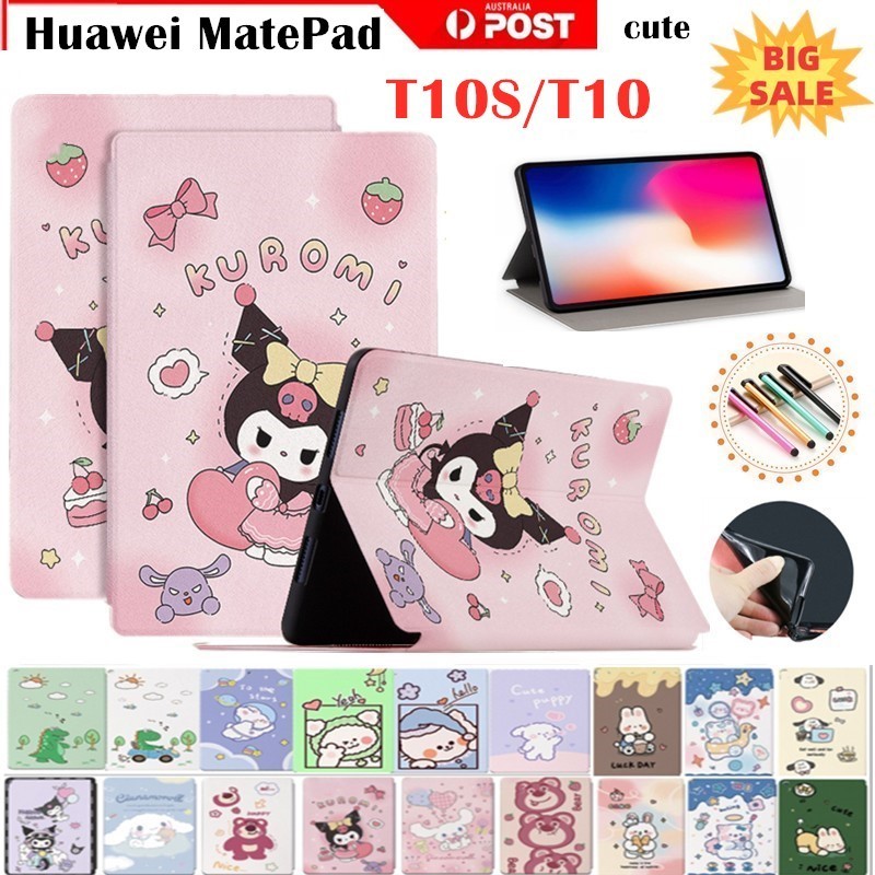 สําหรับ Huawei MatePad T10S T10 AGS3-L09/AGS3-W09 AGR-L09 AGR-W09 สมาร์ทขาตั้งเด็กน่ารักการ์ตูน Kuromi สตรอเบอร์รี่หมีฝาครอบหนัง PU กันกระแทก Flip Shell