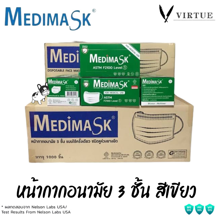 Medimask SK หน้ากากอนามัย 3ชั้น 50ชิ้น ต่อกล่อง [1 ลัง 20 กล่อง] เกรดการแพทย์ ใช้ในโรงพยาบาล mask (g