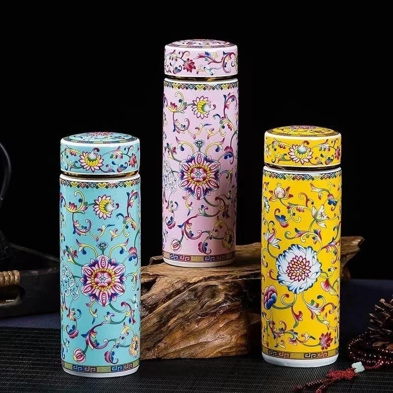 เซรามิคเคลือบสีตรงถ้วย Double-Layer Liner Thermos ถ้วยสีฟ้าสีขาว Porcelain รถชาถ้วยสํานักงานถ้วยน้ําพร้อมฝาปิดในครัวเรือนแบบพกพา D