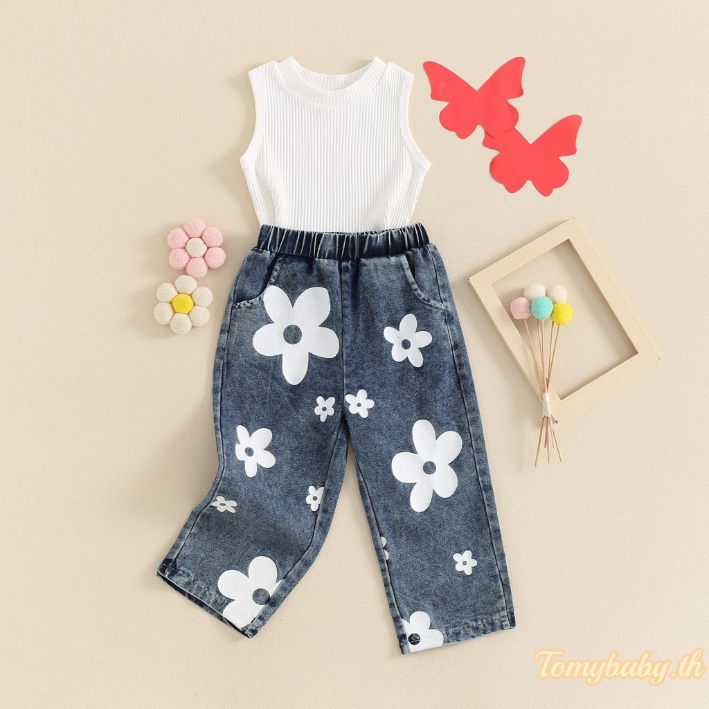 Tomybaby-toddler Girls 2 ชิ ้ นชุดฤดูร ้ อนแขนกุด Ribbed Tank Tops + ชุดกางเกงยีนส ์