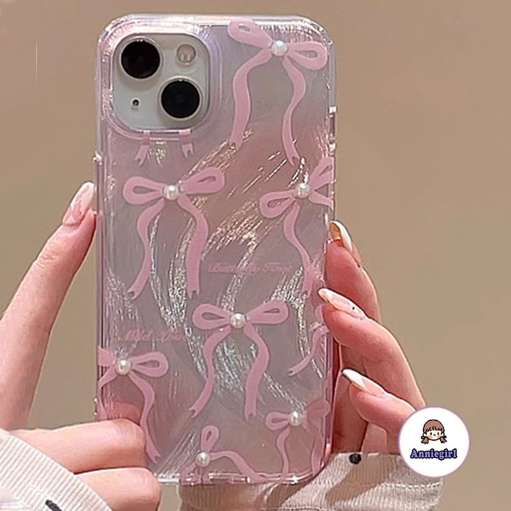 Girly 3D Pearl สีชมพูโบว์เคสโทรศัพท์สําหรับ IPhone 11 15 14 Pro Max 12 13Promax Xs XR 8 7Plus Feather เส้นด้ายรูปแบบกันกระแทกโทรศัพท์ปกหลัง