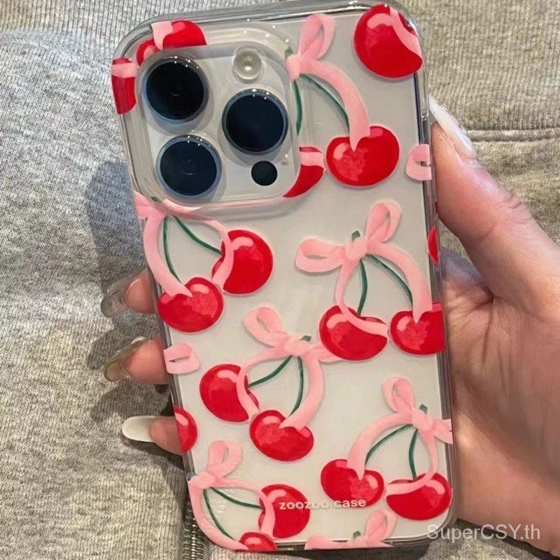 เคสโทรศัพท์ เหมาะสําหรับ iPhone x xs xr xsmax 11 12 13 14 15 Pro max Plus ins สไตล์ Cherry Bow เคสใสรวมทุกอย่างหลุมขนาดใหญ่กันกระแทกโทรศัพท์มือถือป้องกันกรณีเชลล์ TGA6