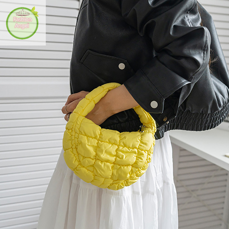 Fashionangel แฟชั่น Mini Puffer Tote กระเป๋า Quilted วงกลมกระเป๋าโทรศัพท์ Elegant สีม่วงไนลอนนุ่มเบาะกระเป๋าแนวโน้มกระเป๋าถือ VN